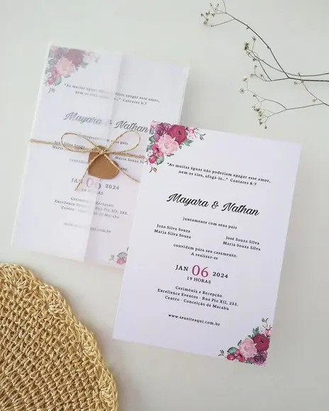 Convite Casamento Papel Vegetal Minimalista Floral Marsala