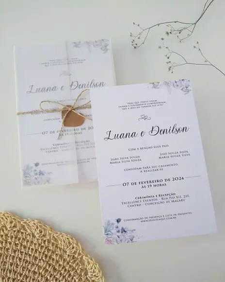 Convite Casamento Papel Vegetal Minimalista Floral Rústico