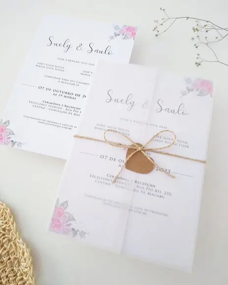 Convite Casamento Papel Vegetal Minimalista Floral Rosa