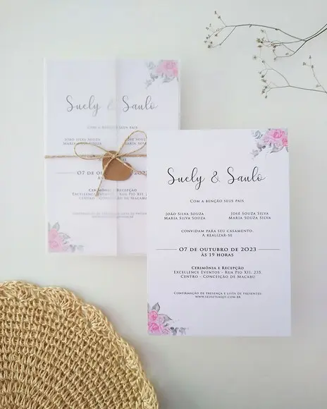 Convite Casamento Papel Vegetal Minimalista Floral Rosa