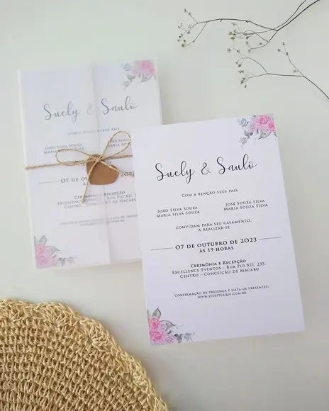 Convite Casamento Papel Vegetal Minimalista Floral Rosa