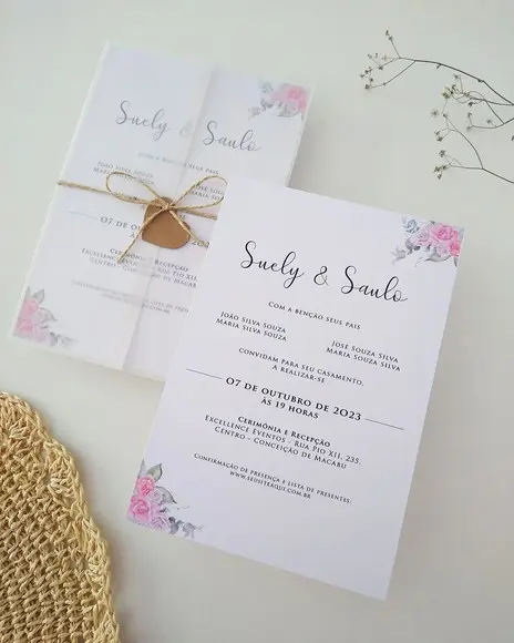 Convite Casamento Papel Vegetal Minimalista Floral Rosa