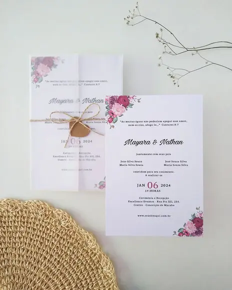 Convite Casamento Papel Vegetal Minimalista Floral Marsala