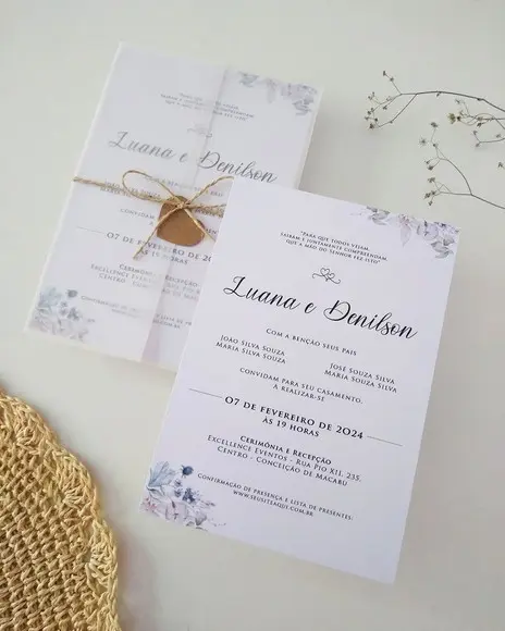 Convite Casamento Papel Vegetal Minimalista Floral Rústico