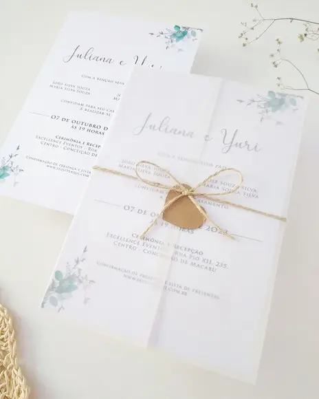 Convite Casamento Papel Vegetal Minimalista Folhas Verdes