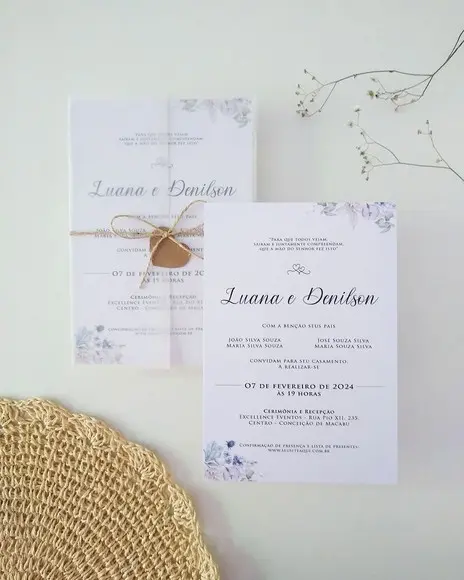 Convite Casamento Papel Vegetal Minimalista Floral Rústico