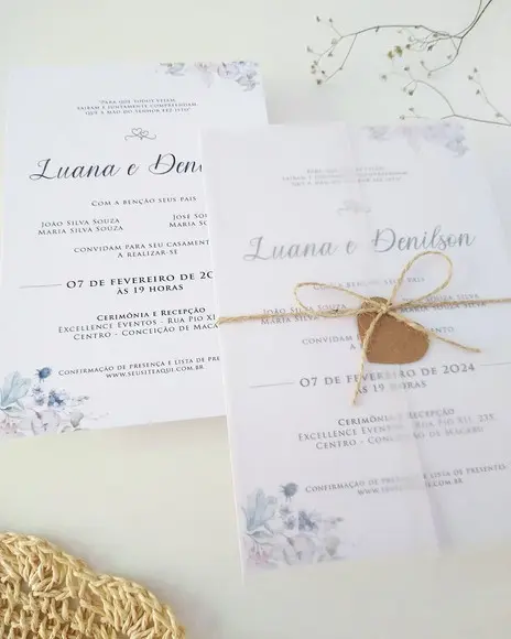 Convite Casamento Papel Vegetal Minimalista Floral Rústico