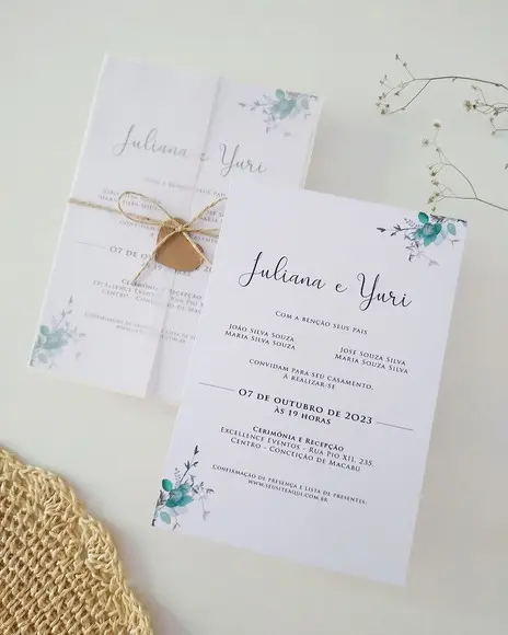 Convite Casamento Papel Vegetal Minimalista Folhas Verdes