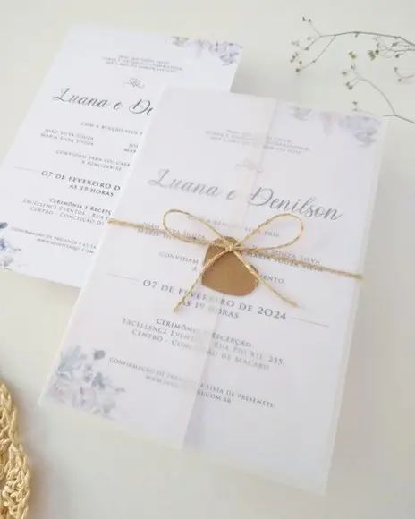 Convite Casamento Papel Vegetal Minimalista Floral Rústico