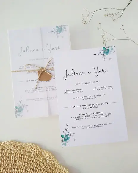Convite Casamento Papel Vegetal Minimalista Folhas Verdes