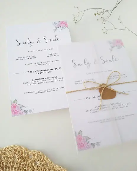 Convite Casamento Papel Vegetal Minimalista Floral Rosa
