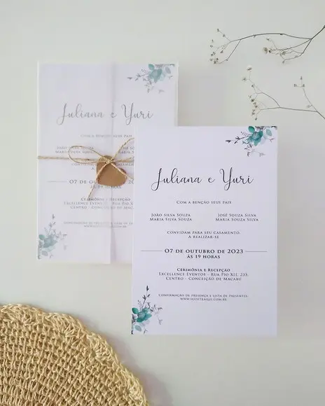 Convite Casamento Papel Vegetal Minimalista Folhas Verdes