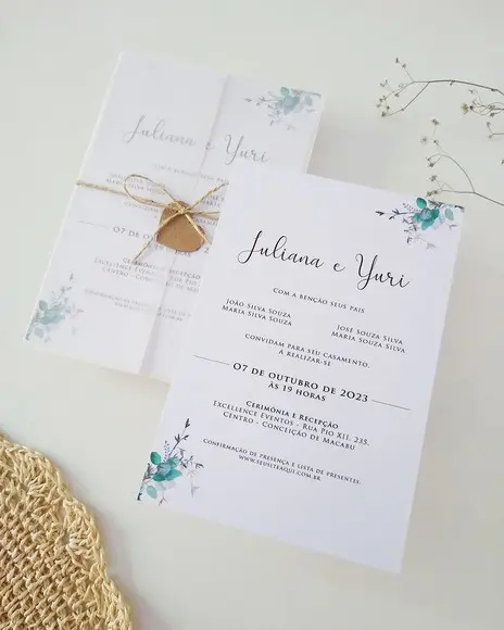 Convite Casamento Papel Vegetal Minimalista Folhas Verdes