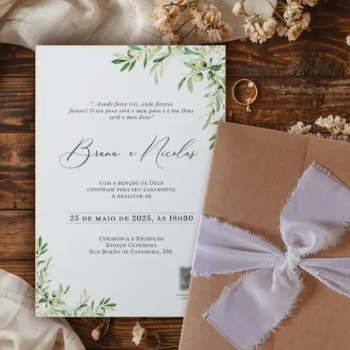Convite de Casamento Folhas Verdes Rústico | Coleção Oliva