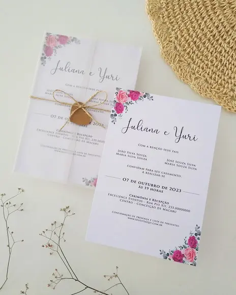 Convite de Casamento Papel Vegetal Floral Fúcsia