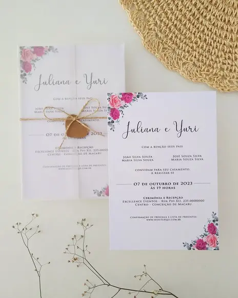 Convite de Casamento Papel Vegetal Floral Fúcsia