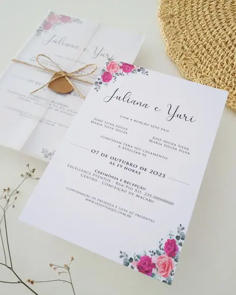 Convite de Casamento Papel Vegetal Floral Fúcsia