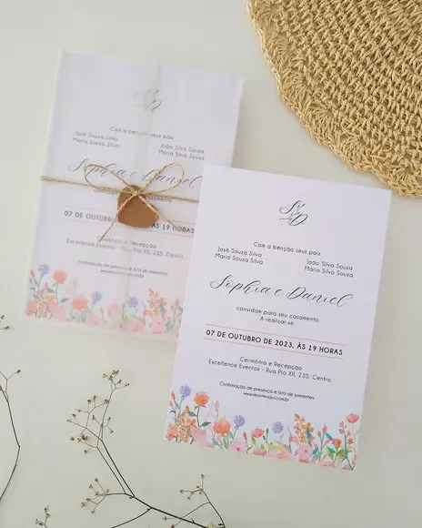 Convite de Casamento Papel Vegetal Floral Tons Pastéis