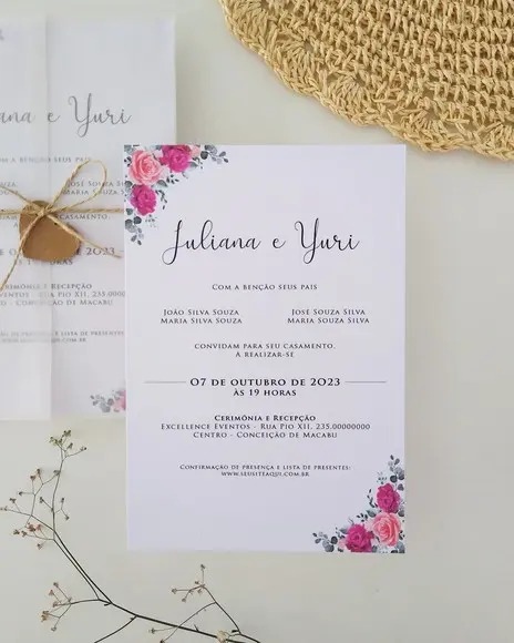 Convite de Casamento Papel Vegetal Floral Fúcsia