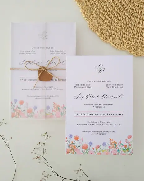 Convite de Casamento Papel Vegetal Floral Tons Pastéis