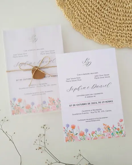 Convite de Casamento Papel Vegetal Floral Tons Pastéis