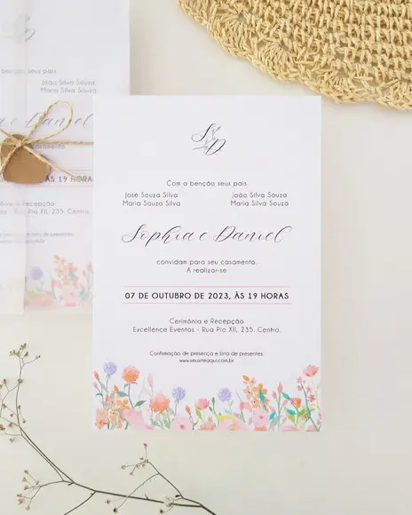 Convite de Casamento Papel Vegetal Floral Tons Pastéis