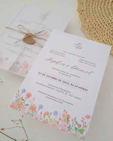 Convite de Casamento Papel Vegetal Floral Tons Pastéis