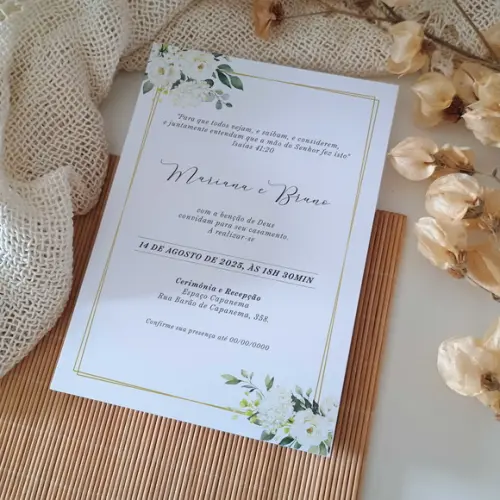 Convite de Casamento sem Envelope Floral Branco e Verde