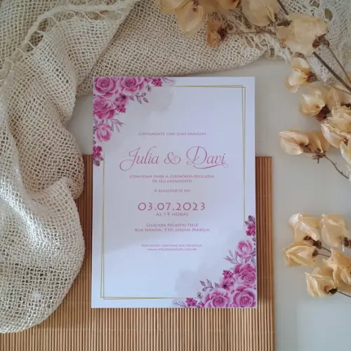 Convite de Casamento sem Envelope Floral Fucsia