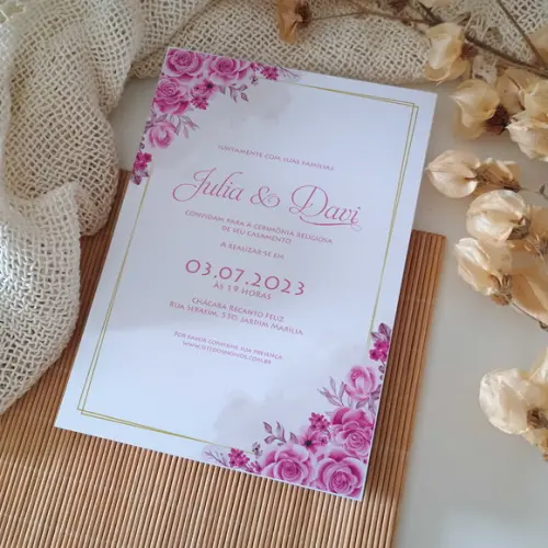 Convite de Casamento sem Envelope Floral Fucsia