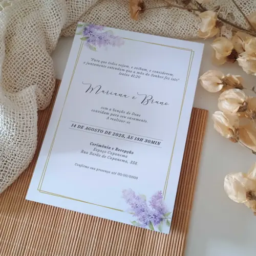 Convite de Casamento sem Envelope Floral Lavanda