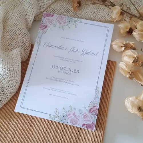Convite de Casamento sem Envelope Floral Rosa e Azul