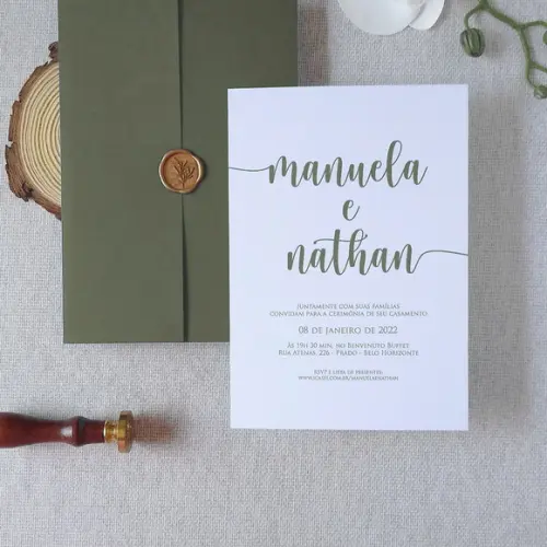 Convite de Casamento Verde Oliva com Lacre de Cera