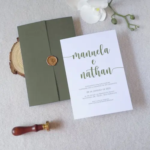 Convite de Casamento Verde Oliva com Lacre de Cera