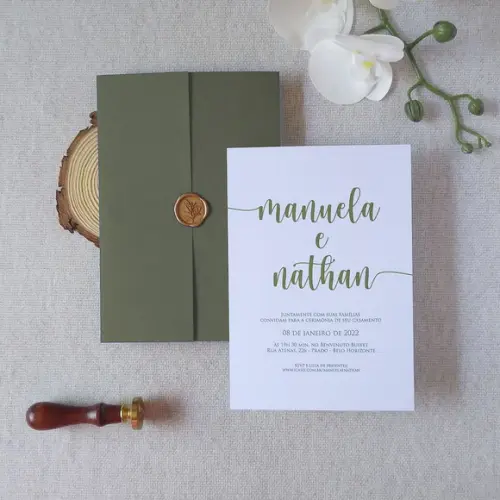 Convite de Casamento Verde Oliva com Lacre de Cera