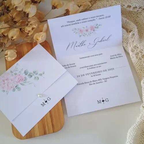 Promoção - Convite de Casamento Barato com Floral Rosa