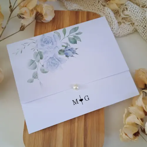 Promoção - Convite de Casamento Barato Floral Azul Serenity