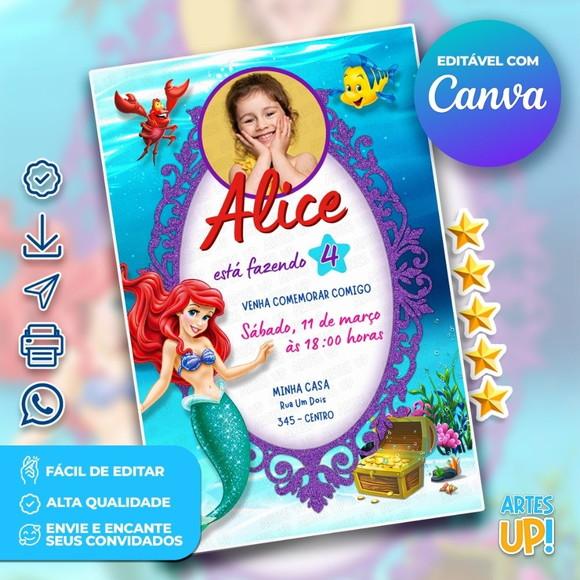 Convite de Aniversário Ariel, a Pequena Sereia com Foto