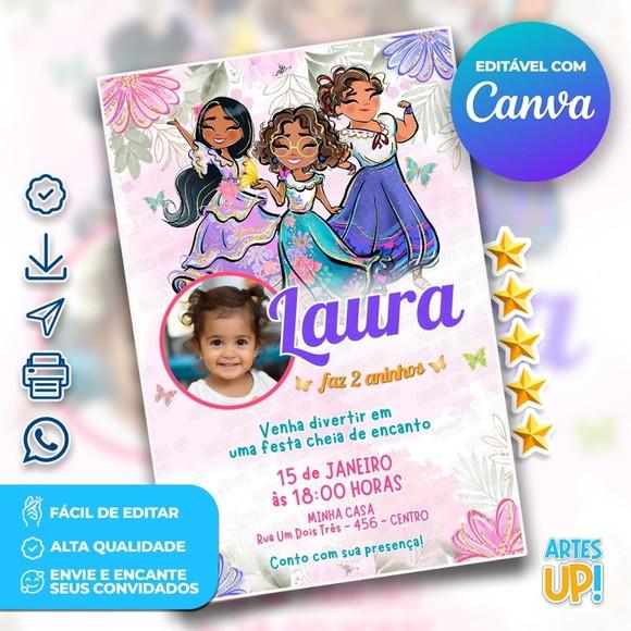 Convite de Aniversário Encanto Aquarela Floral com Foto
