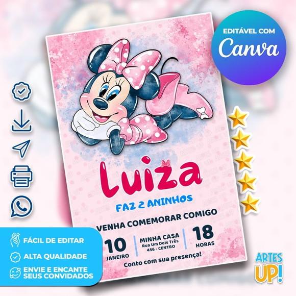 Convite de Aniversário Minnie Rosa Aquarela