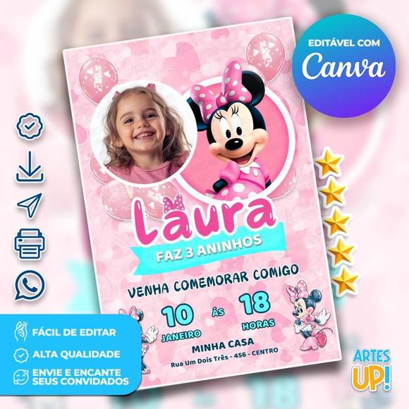 Convite de Aniversário Minnie Rosa com Foto