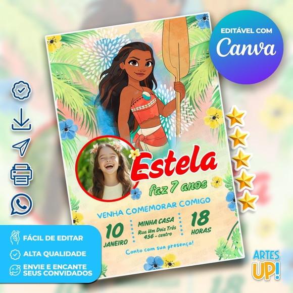 Convite de Aniversário Moana Aquarela com Foto