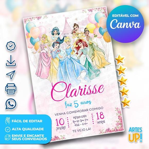Convite de Aniversário Princesas Disney Aquarela