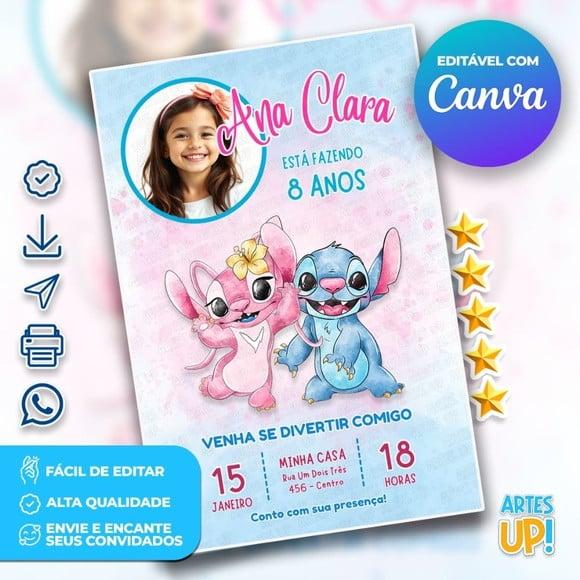 Convite de Aniversário Stitch e Angel Aquarela com Foto