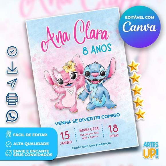 Convite de Aniversário Stitch e Angel Aquarela