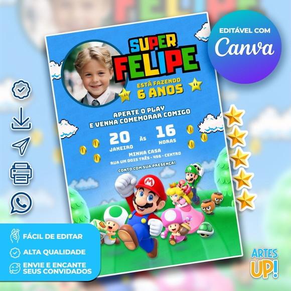 Convite de Aniversário Super Mario com Foto