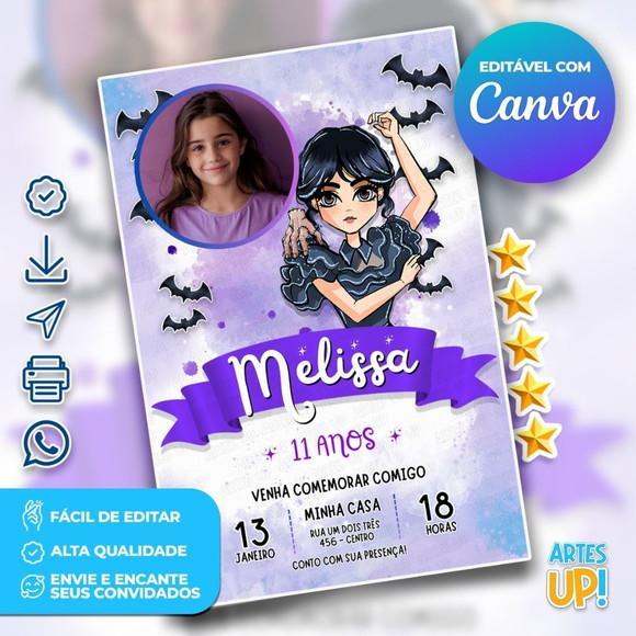 Convite de Aniversário Wandinha Aquarela com Foto