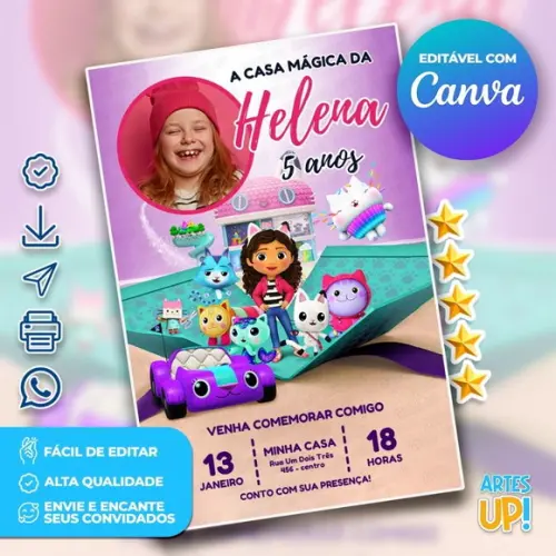 Convite de Aniversário a Casa Mágica da Gabby com Foto