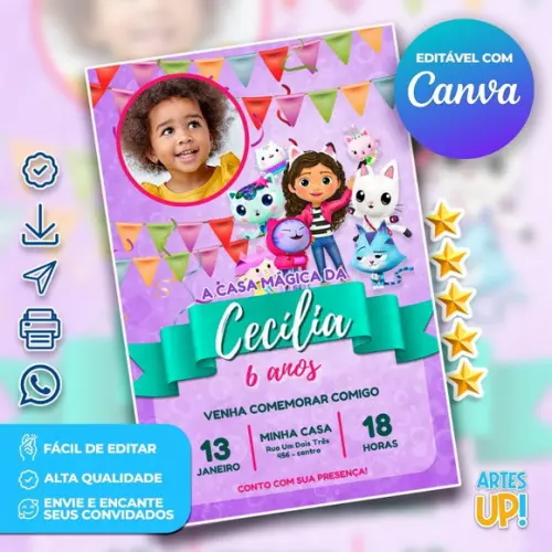 Convite de Aniversário a Casa Mágica da Gabby com Foto