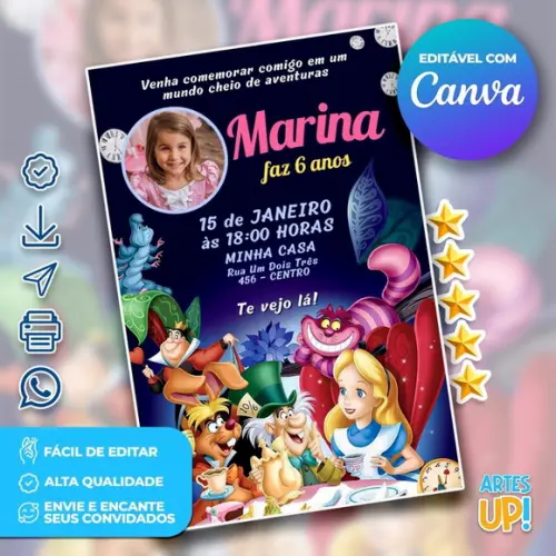 Convite de Aniversário Alice no País das Maravilhas com Foto